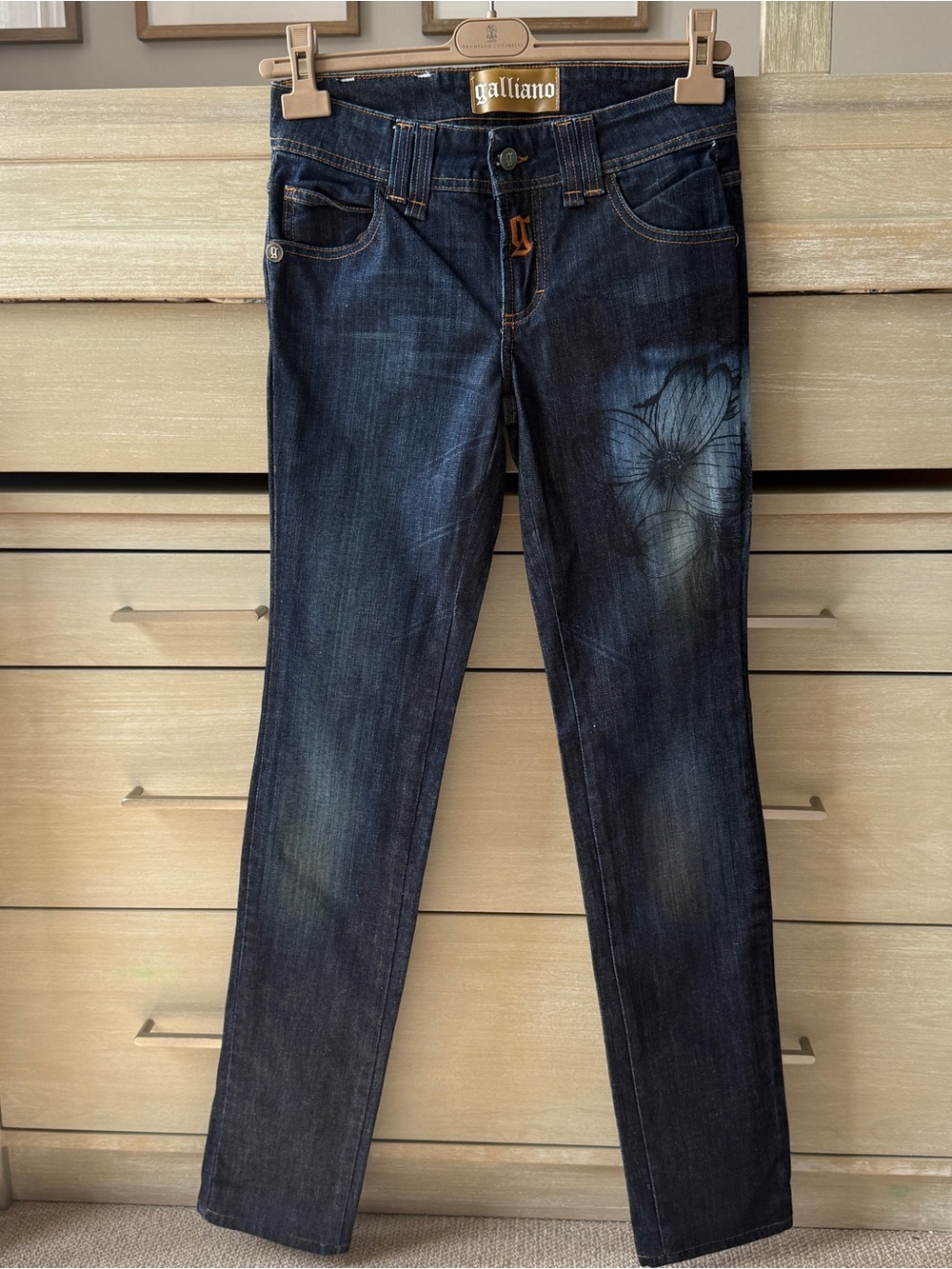 Galliano Dark Indigo Skinny Jeans with Floral Fade